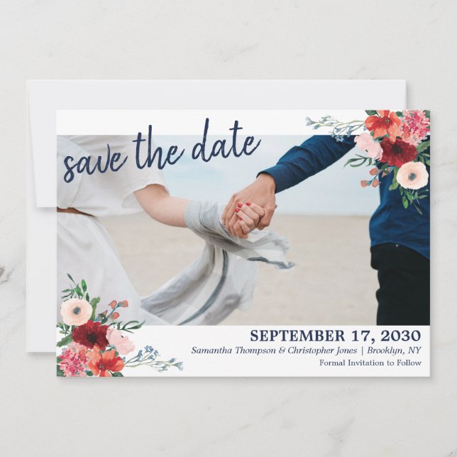 Navy Blue Burgundy Coral Floral Photo Wedding Save The Date (Front)