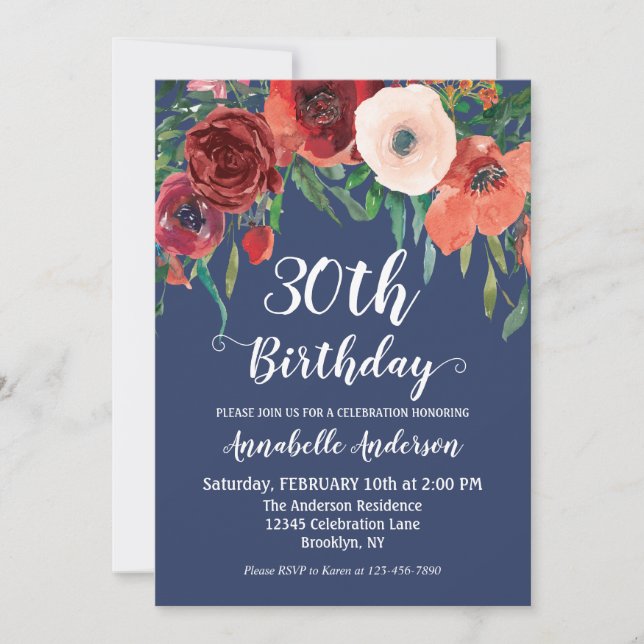 Navy Blue Burgundy Coral Floral Script Birthday Invitation (Front)