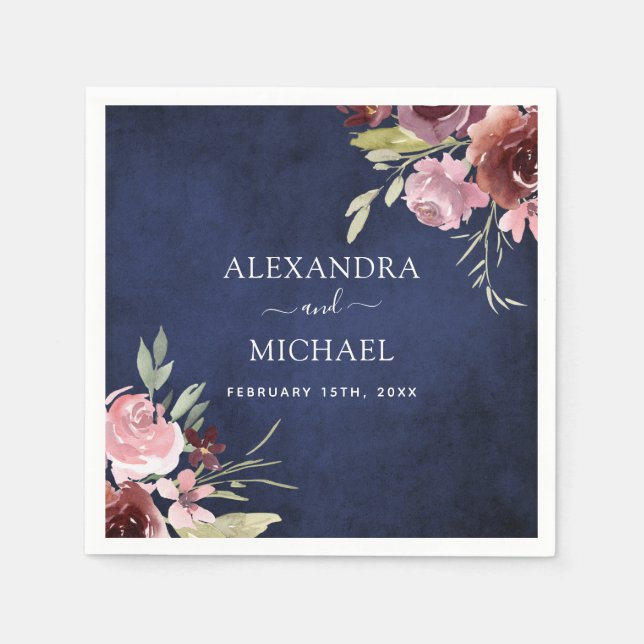 Navy Blue Burgundy Elegant Watercolor Wedding Napkin (Front)