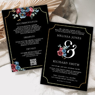 Navy Blue Burgundy Floral Ampersand Black Wedding Invitation