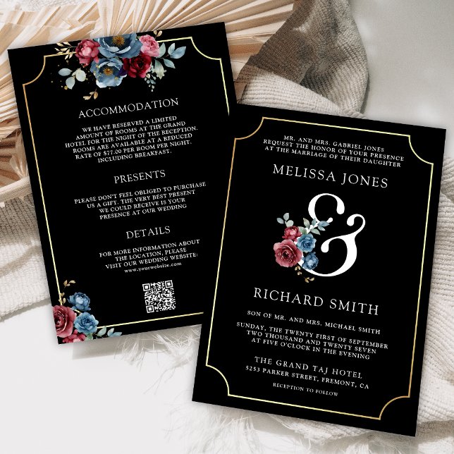 Navy Blue Burgundy Floral Ampersand Black Wedding Invitation (Creator Uploaded)
