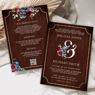 Navy Blue Burgundy Floral Ampersand Wood Wedding Invitation