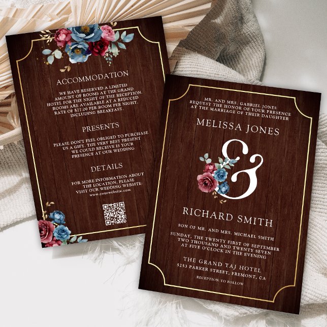Navy Blue Burgundy Floral Ampersand Wood Wedding Invitation (Creator Uploaded)