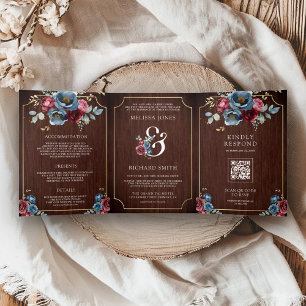 Navy Blue Burgundy Floral Ampersand Wood Wedding Tri-Fold Invitation