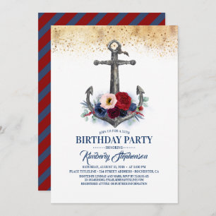 Navy Blue Burgundy Floral Anchor Nautical Birthday Invitation