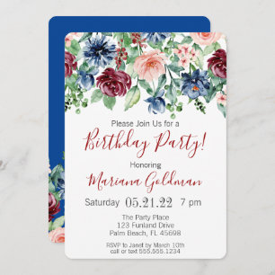Navy Blue Burgundy Floral Birthday Party Invitatio Invitation