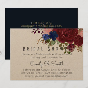Navy Blue Burgundy Floral Bouquet Wedding Invitation