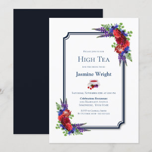 Navy Blue Burgundy Floral Bridal High Tea Invitation