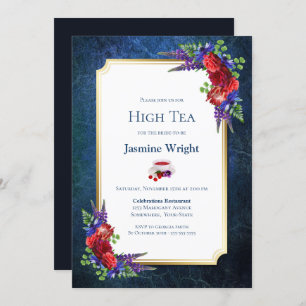 Navy Blue Burgundy Floral Bridal High Tea Invitation