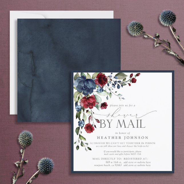 Navy Blue Burgundy Floral Bridal Shower by Mail Invitation (Creator Uploaded)