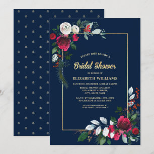 Navy Blue Burgundy Floral Bridal Shower Invitation