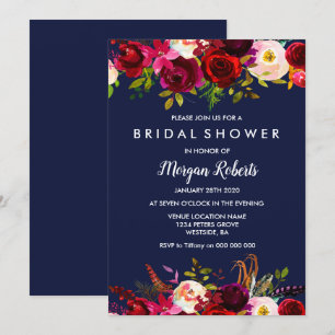 Navy Blue Burgundy Floral Bridal Shower Invitation