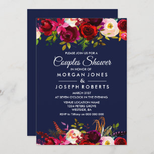 Navy Blue Burgundy Floral Couples Shower Invite