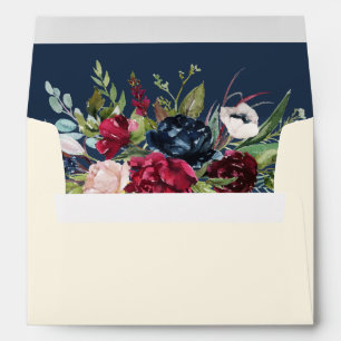 Navy Blue Burgundy Floral Cream Wedding Envelope