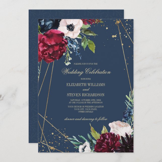 Navy Blue | Burgundy Floral Geometric Wedding Invitation (Front/Back)