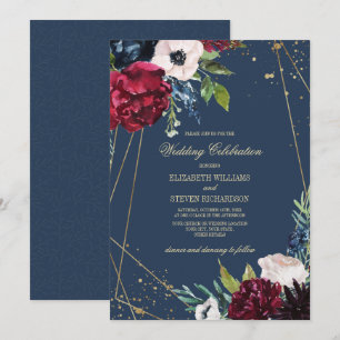 Navy Blue   Burgundy Floral Geometric Wedding Invitation