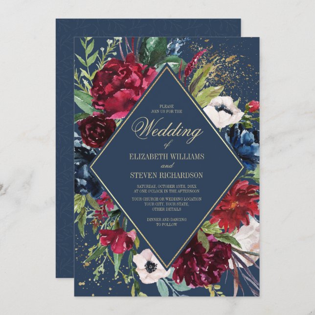 Navy Blue | Burgundy Floral Geometric Wedding Invitation (Front/Back)