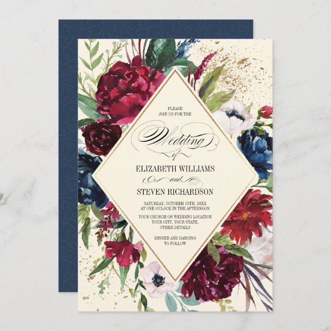 Navy Blue | Burgundy Floral Geometric Wedding Invitation (Front/Back)