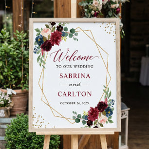 Navy Blue Burgundy Floral Geometric Wedding Sign