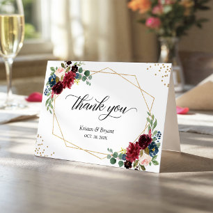 Navy Blue Burgundy Floral Gold Geometric Frame Thank You Card