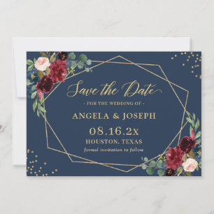 Navy Blue Burgundy Floral Gold Geometric Wedding Save The Date