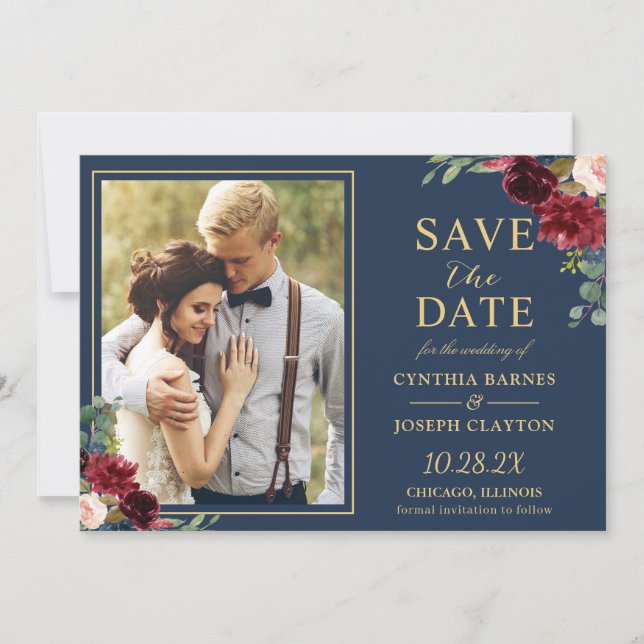 Navy Blue Burgundy Floral Gold Wedding Photo Save The Date (Front)