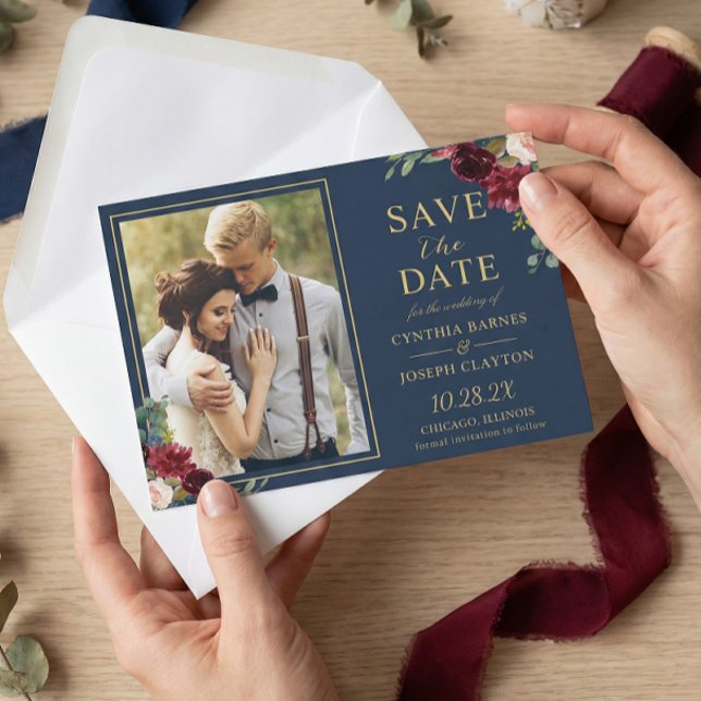 Navy Blue Burgundy Floral Gold Wedding Photo Save The Date (Creator Uploaded)