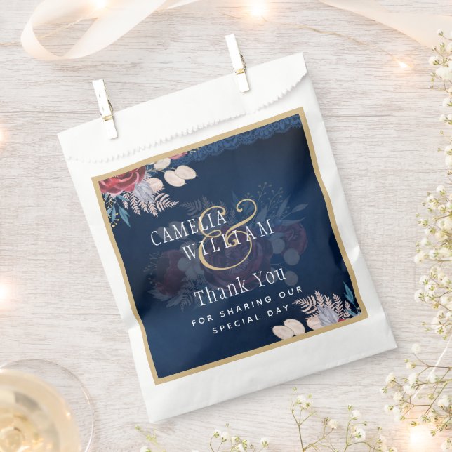 Navy Blue Burgundy Floral Lace Wedding Favour Bag (Clipped)