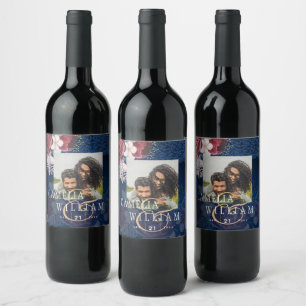 Navy Blue Burgundy Floral Lace Wedding Wine Label