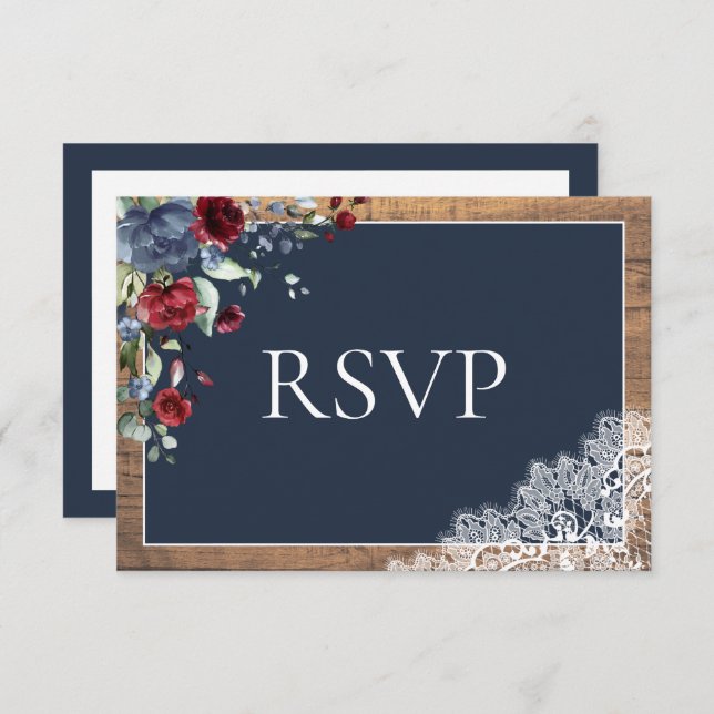 Navy Blue Burgundy Floral Lace Wood Wedding RSVP (Front/Back)