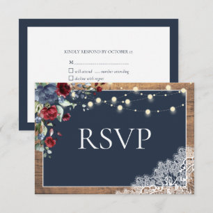 Navy Blue Burgundy Floral Lace Wood Wedding RSVP Card