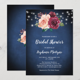 Navy Blue Burgundy Floral Lights Bridal Shower Invitation