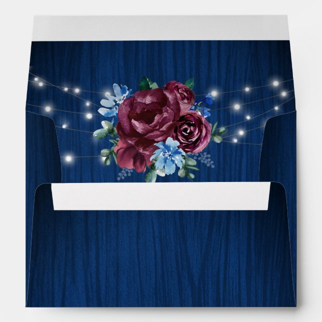 Navy Blue Burgundy Floral Lights Wedding Envelope (Back (Bottom))