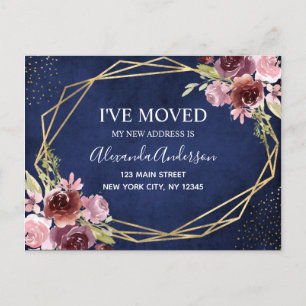 Navy Blue Burgundy Floral Moving Announcement Postcard