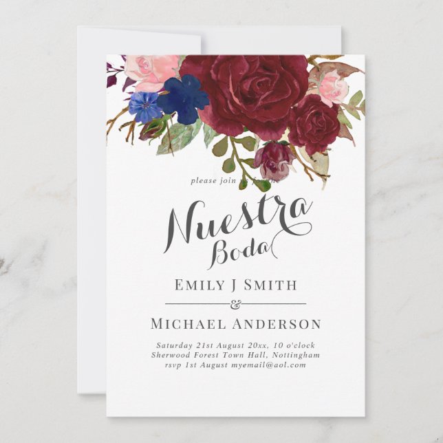 Navy Blue Burgundy Floral Nuestra Boda Spanish Invitation (Front)
