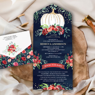 Navy Blue Burgundy Floral Pumpkin Baby Shower All In One Invitation