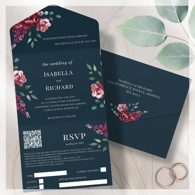 Navy Blue | Burgundy Floral | QR Code RSVP   All In One Invitation (Creator Uploaded)
