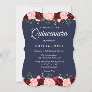 Navy Blue Burgundy Floral Quinceanera Invitation
