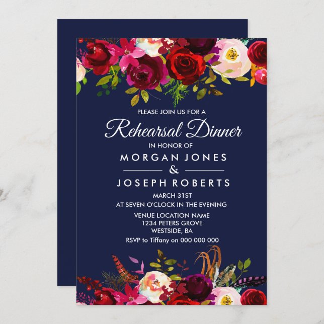Navy Blue Burgundy Floral Rehearsal Dinner Invite (Front/Back)