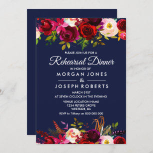Navy Blue Burgundy Floral Rehearsal Dinner Invite