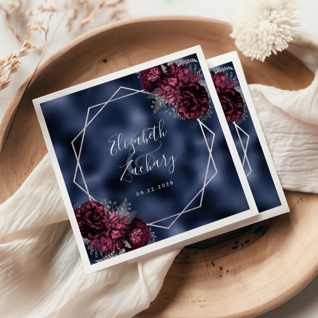 Navy Blue Burgundy Floral Silver Geometric Wedding Napkin (Creator Uploaded)