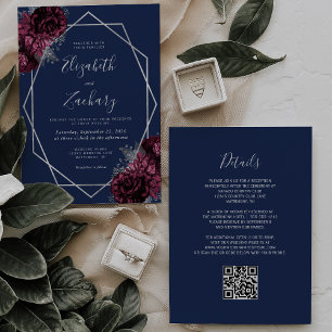 Navy Blue Burgundy Floral Silver QR Code Wedding Invitation