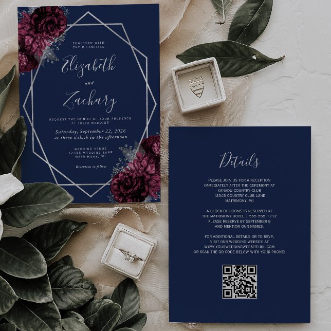 Navy Blue Burgundy Floral Silver QR Code Wedding Invitation (Creator Uploaded)