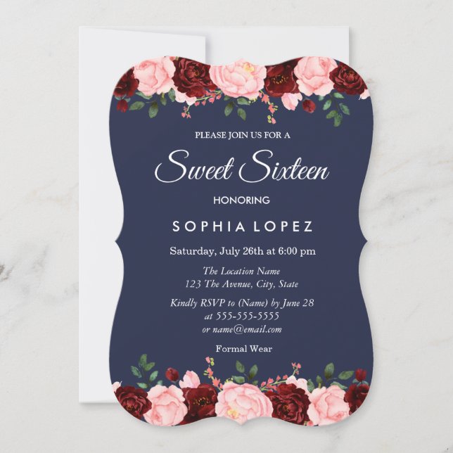 Navy Blue Burgundy Floral Sweet 16 Invitation (Front)