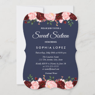 Navy Blue Burgundy Floral Sweet 16 Invitation