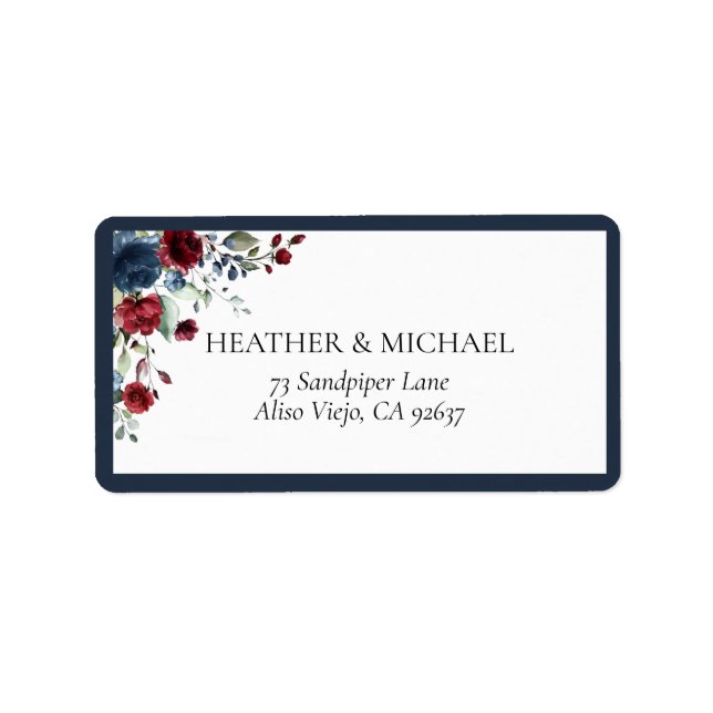 Navy Blue Burgundy Floral Watercolor Address Label (Front)