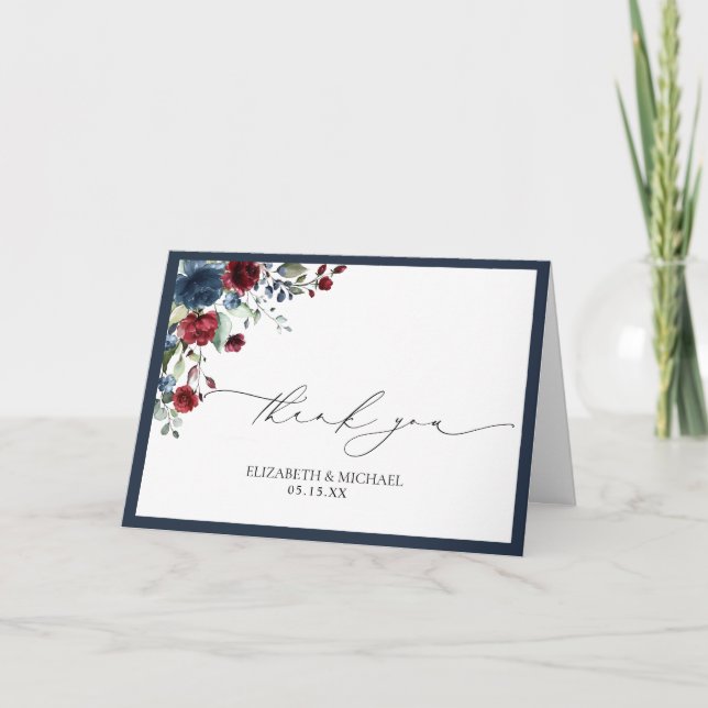 Navy Blue Burgundy Floral Watercolor Photo Wedding Card (Front)