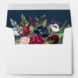 Navy Blue Burgundy Floral Watercolor Wedding Envelope