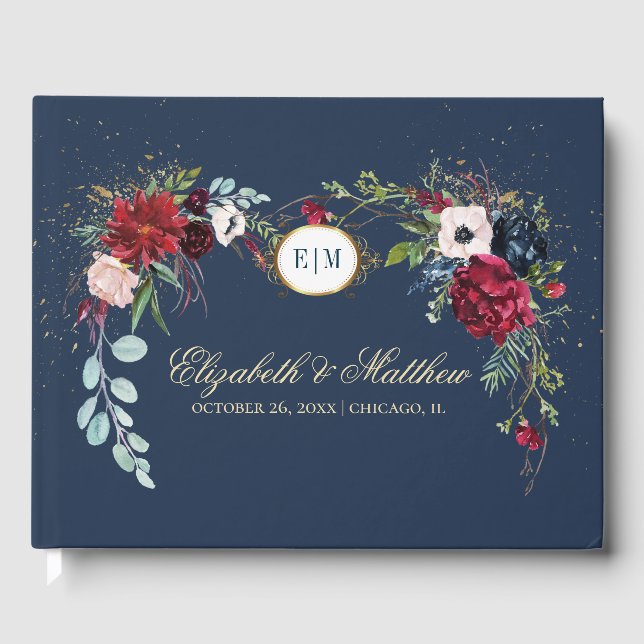 Navy Blue | Burgundy Floral Watercolor Wedding Guest Book (Front)