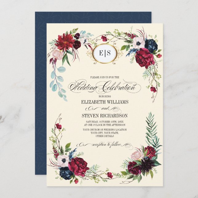 Navy Blue | Burgundy Floral Watercolor Wedding Invitation (Front/Back)
